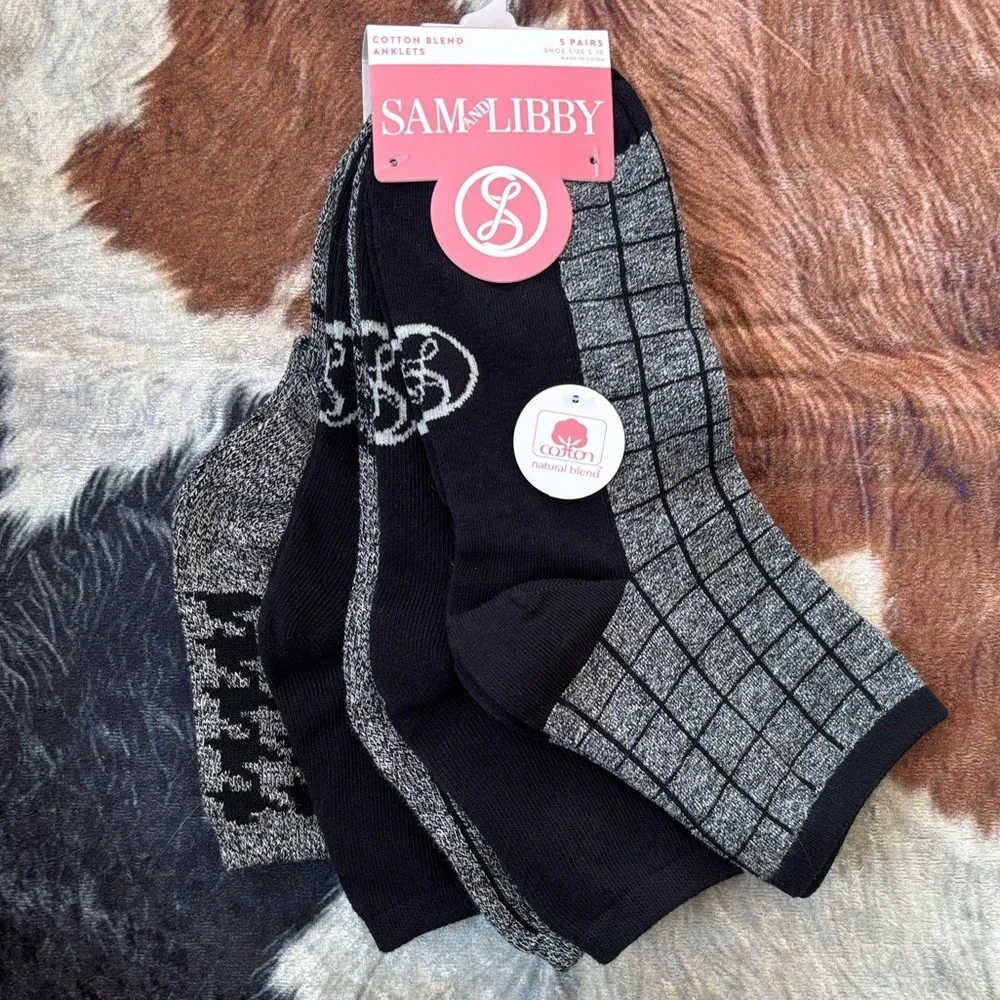 Brand New Sam and Libby 5-Pack Black & Gray Cotten Blend Anklets Comfort Cuff